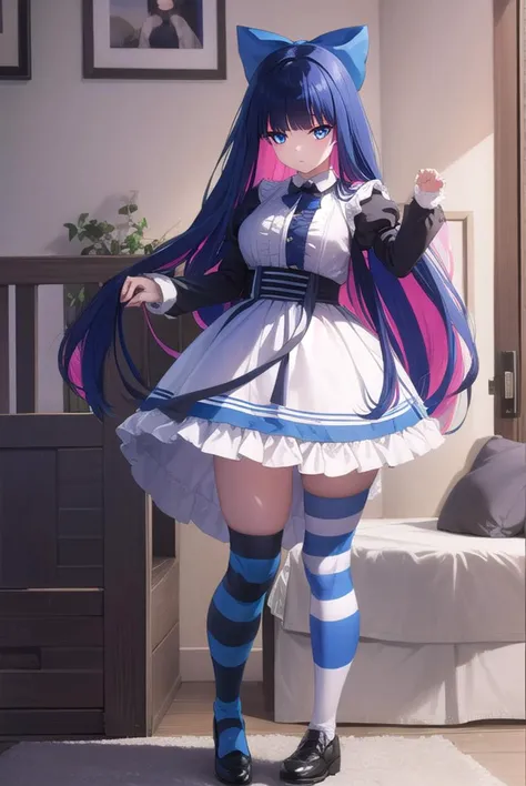 psgstocking, <lyco:psg stocking-lyco-nochekaiser:1>,
psg stocking, blue eyes, blue hair, colored inner hair, hair bow, long hair, multicolored hair, pink hair, two-tone hair, bangs, blunt bangs, (bright pupils:1.5),
brooch, striped, (striped thighhighs:1.2), thighhighs, dress, black dress, puffy sleeves, long sleeves, skirt, shirt, collared shirt, white shirt,
BREAK indoors, bed,
BREAK looking at viewer, (full body:1.5),
BREAK <lyco:GoodHands-beta2:1>, (masterpiece:1.2), best quality, high resolution, unity 8k wallpaper, (illustration:0.8), (beautiful detailed eyes:1.6), extremely detailed face, perfect lighting, extremely detailed CG, (perfect hands, perfect anatomy),
