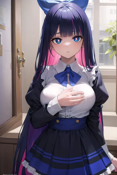 psgstocking, <lyco:psg stocking-lyco-nochekaiser:1>,
psg stocking, blue eyes, blue hair, colored inner hair, hair bow, long hair, multicolored hair, pink hair, two-tone hair, bangs, blunt bangs, (bright pupils:1.5),
brooch, striped, striped thighhighs, thighhighs, dress, black dress, puffy sleeves, long sleeves, skirt, shirt, collared shirt, white shirt,
BREAK indoors, bed,
BREAK looking at viewer, (cowboy shot:1.5),
BREAK <lyco:GoodHands-beta2:1>, (masterpiece:1.2), best quality, high resolution, unity 8k wallpaper, (illustration:0.8), (beautiful detailed eyes:1.6), extremely detailed face, perfect lighting, extremely detailed CG, (perfect hands, perfect anatomy),