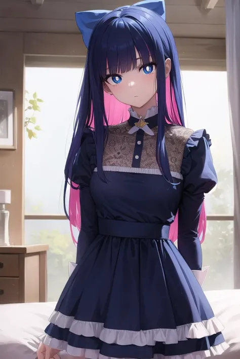 psgstocking, <lyco:psg stocking-lyco-nochekaiser:1>,
psg stocking, blue eyes, blue hair, colored inner hair, hair bow, long hair, multicolored hair, pink hair, two-tone hair, bangs, blunt bangs, (bright pupils:1.5),
brooch, striped, striped thighhighs, thighhighs, dress, black dress, puffy sleeves, long sleeves, skirt, shirt, collared shirt, white shirt,
BREAK indoors, bed,
BREAK looking at viewer, (cowboy shot:1.5),
BREAK <lyco:GoodHands-beta2:1>, (masterpiece:1.2), best quality, high resolution, unity 8k wallpaper, (illustration:0.8), (beautiful detailed eyes:1.6), extremely detailed face, perfect lighting, extremely detailed CG, (perfect hands, perfect anatomy),