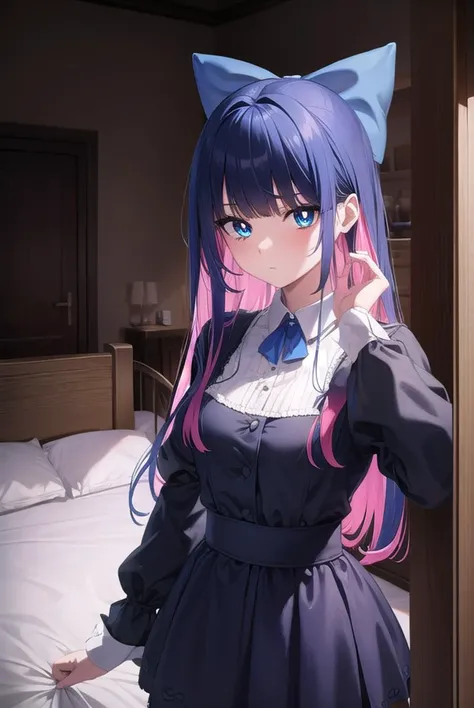 psgstocking, <lyco:psg stocking-lyco-nochekaiser:1>,
psg stocking, blue eyes, blue hair, colored inner hair, hair bow, long hair, multicolored hair, pink hair, two-tone hair, bangs, blunt bangs, (bright pupils:1.5),
brooch, striped, striped thighhighs, thighhighs, dress, black dress, puffy sleeves, long sleeves, skirt, shirt, collared shirt, white shirt,
BREAK indoors, bed,
BREAK looking at viewer, (cowboy shot:1.5),
BREAK <lyco:GoodHands-beta2:1>, (masterpiece:1.2), best quality, high resolution, unity 8k wallpaper, (illustration:0.8), (beautiful detailed eyes:1.6), extremely detailed face, perfect lighting, extremely detailed CG, (perfect hands, perfect anatomy),