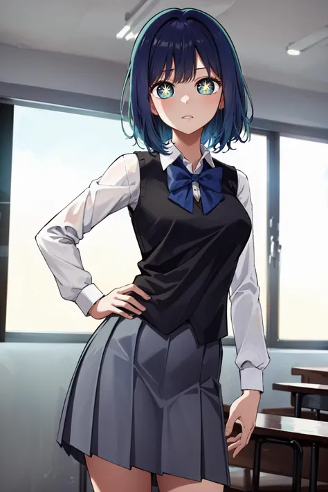 masterpiece, best quality, 1girl, indoors, standing, yamada ryo <lyco:Ryo-000007:1.0>, shirt, ribbon, hair ornament, skirt