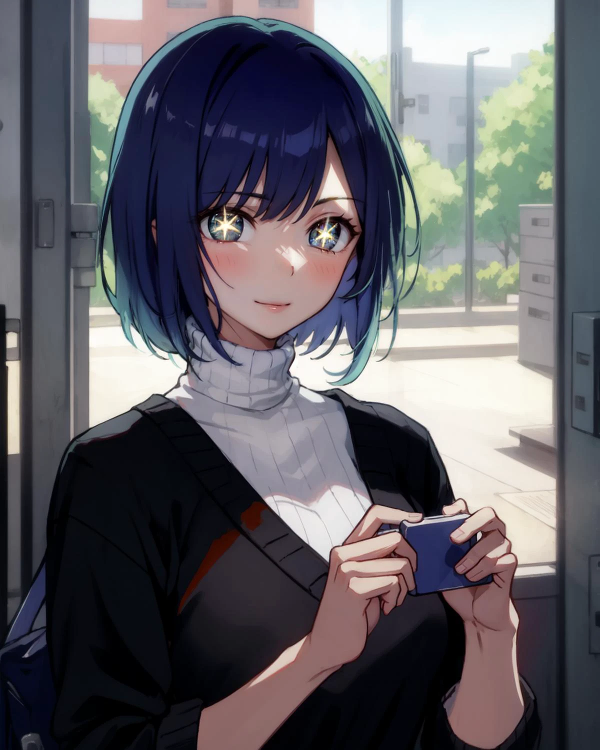 masterpiece, best quality, absurdres, 1girl, closed mouth, <lora:kurokawa_akane_v1:0.8> hmakane <lora:Lgirl-v6_500steps:-1.5>, blue hair, short hair, gradient hair, medium breasts, (symbol-shaped pupils:1.2),, BREAK weater dress, turtleneck, virgin killer sweater,
(looking at viewer), (tsurime) <lora:Tsurime:0.75>,, (nice hands, perfect hands), <lora:GoodHands-vanilla:1>, <lora:school_lockers_v0.5:0.7> lockers,
,
BREAK , (perfect anatomy), Medium Full shoty, <lora:NoChichiBukuro:2> <lora:EraseGroinSkirt:1>, Volumetric Lighting