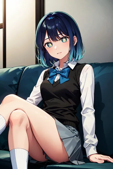 masterpiece, best quality, highres, 1girl, hmakane, blue hair, short hair, gradient hair, medium breasts, blue bowtie, collared shirt, black vest, long sleeves, pleated skirt, grey skirt, symbol-shaped pupils, <lora:kurokawa_akane_v1:0.8>, indoors, sitting, sofa, crossed legs, loafers, socks,