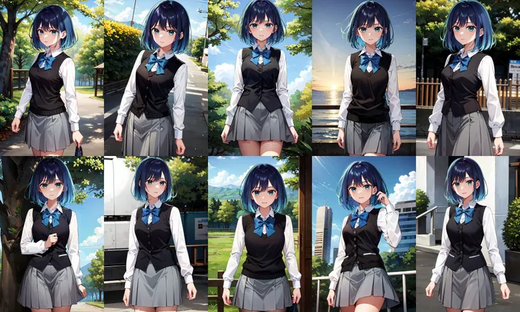 masterpiece, best quality, highres, 1girl, hmakane, blue hair, short hair, gradient hair, medium breasts, blue bowtie, collared shirt, black vest, long sleeves, pleated skirt, grey skirt, <lora:kurokawa_akane_v1:0.8>, cowboy shot, standing, outdoors,