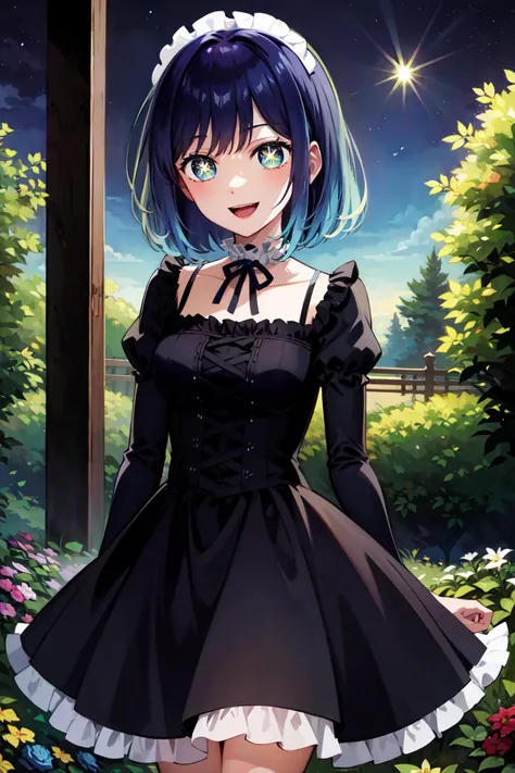 masterpiece, best quality, highres, hmakane, blue hair, short hair, gradient hair, medium breasts, symbol-shaped pupils, <lora:kurokawa_akane_v1:0.8>, cowboy shot, smile, open mouth, gothic, frilled dress, garden