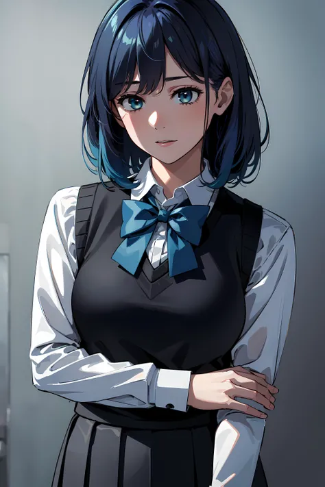 masterpiece,best quality, ultra_res, extremely detailed,
1girl,<lora:kurokawa_akane_v1:0.6>
HMAKANE, BLUE HAIR, medium HAIR, GRADIENT HAIR, MEDIUM BREASTS,
 BLUE BOWTIE,COLLARED SHIRT, BLACK VEST, LONG SLEEVES, PLEATED SKIRT, GREY SKIRT
<lora:izumirika_lora:0.4>
<lora:animemix_16:0.2> <lora:last:0.>