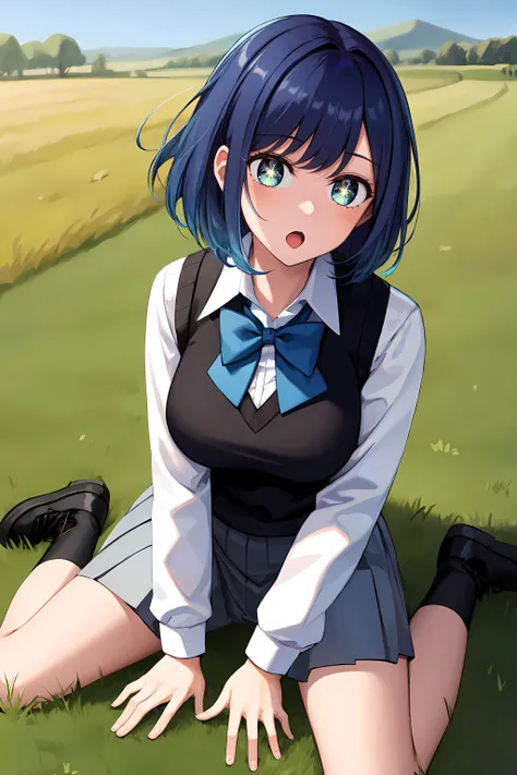 masterpiece, best quality, highres, 1girl, hmakane, blue hair, short hair, gradient hair, medium breasts, blue bowtie, collared shirt, black vest, long sleeves, pleated skirt, grey skirt, symbol-shaped pupils, <lora:kurokawa_akane_v1:0.8>, field, outdoors, grass, :o, wariza, hand between legs,