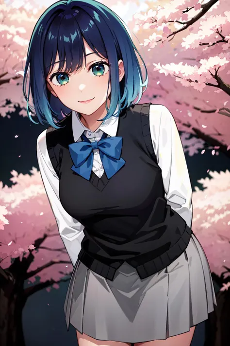 masterpiece, best quality, highres, 1girl, hmakane, blue hair, short hair, gradient hair, medium breasts, blue bowtie, collared shirt, black vest, long sleeves, pleated skirt, grey skirt, <lora:kurokawa_akane_v1:0.8>, standing, leaning forward, arms behind back, cherry blossoms, smile, cowboy shot