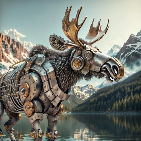 (best quality, masterpiece, high detail), (8k, high quality, hyper realistic), moose cyborg:1.2 Mech4nim4lAI made of metal mixed with flesh and fur, (lake) next to forest, mountains, outdoors, <lora:Mech4nim4lAI:.9>