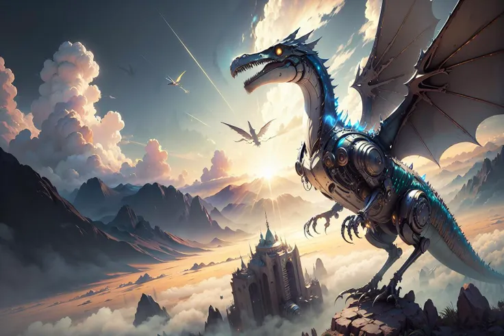 ((best picture quality)), (masterpiece), (realistic), metallic form of pterosaurs, slender body, (waving metal wings), electric, with fantasy elements, flying posture, flying wings gliding, huge wings, surrounded by clouds, hot sunlight directly on the body, soft diffuse sunlight through the clouds, to J.R.R. Beautifully depicted in Tolkien's surrealist style, and using digital painting as the medium, this work captures the vivid colors of the sky and the metallic tones of the pterosaur's body with stunning detail that makes it a true masterpiece, the high quality 4K resolution and the use of Unreal Engine 4 bring this magical world to life, the uplook Angle, the scenery, the masterpiece. Unreal 5, Dazzling, surreal, octane rendering,  <lora:Mech4nim4lAI:0.8>