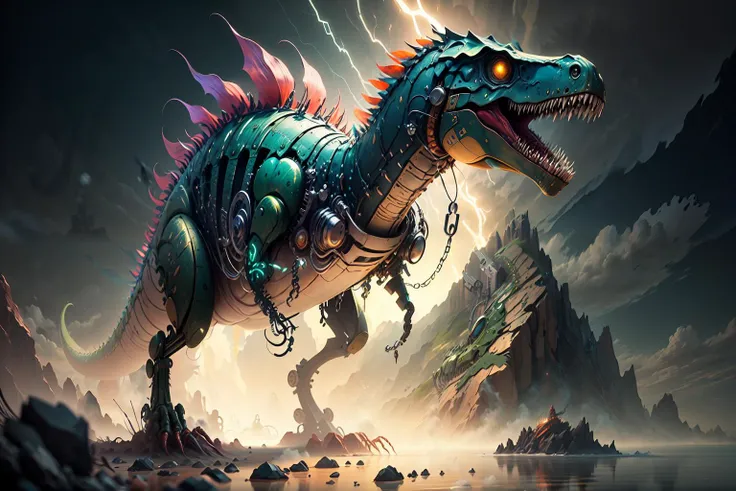 ((Best quality)),((masterpiece)),((realistic)), T-Rex's head on a green Lobster's body, ((Waving Lobster pliers)), Electricity, Walk in a magical ocean surrounded by islands, beautifully illustrated in surrealism style by J.R.R. Tolkien, using digital painting as the medium, This artwork captures the vivid colors of the ocean and the saltwater tones of the head of a T-rex and the body of a lobster, with stunning details that make it a true masterpiece, The high-quality 4K resolution and use of Unreal Engine 4 bring this magical world to life, making it feel like you are there, standing on eye level, scenic, masterpiece.unreal 5, daz, hyperrealistic, octane render, <lora:Mech4nim4lAI:0.8>