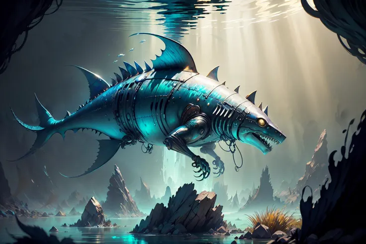 ((best picture quality)), (masterpiece), (realistic), (shark in metal form), (elongated body), (swinging metal tail fin), electric, with fantasy elements, swimming posture, huge tail fin, surrounded by water, in the underwater world, large depth of field, soft diffuse sunlight through the surface, J.R.R. Beautifully drawn in Tolkien's surrealist style, and using digital painting as a medium, this work captures the vivid colors of seawater and the metallic tones of turtle bodies in stunning detail, making it a true masterpiece, with high quality 4K resolution and the use of Unreal Engine 4 bringing this magical world to life, looking up angles, landscapes, masterpieces. Unreal 5, dazzling, surreal, octane rendering, <lora:Mech4nim4lAI:0.8>