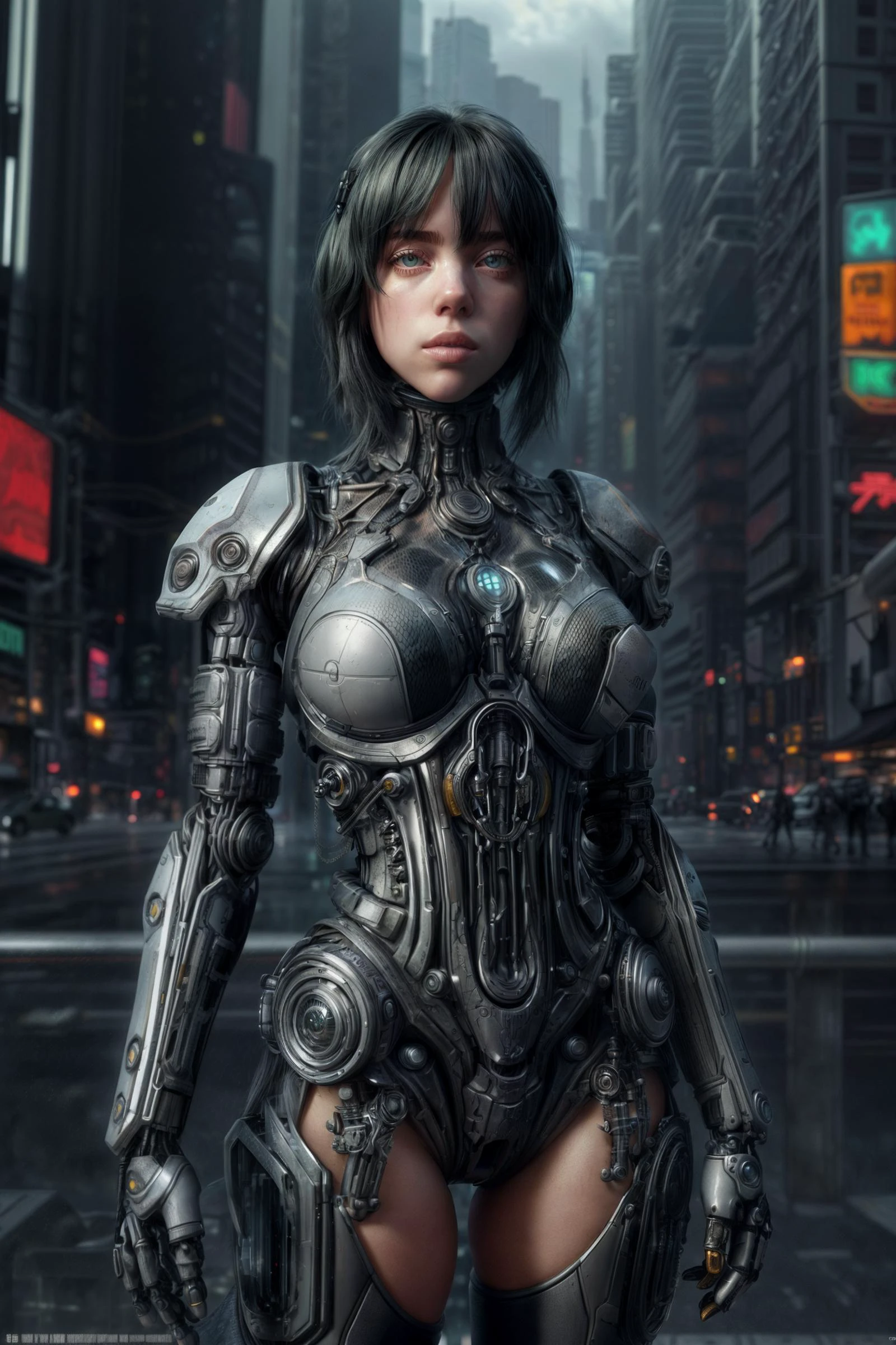 (masterpiece, best quality, high detail), (8k, photorealistic), (dslr, full frame, 18mm focal length, f/5.6 aperture), a cyborg woman Mech4nim4lAI with a human face, in a futuristic cyberpunk city with cyberpunk structures:.6 in the background, cloudy sky, detailed face, detailed eyes:1.4, detailed skin, outdoors, <lora:Mech4nim4lAI:.4> <hypernet:LuisapSciFiHard_v1:.4> BiL13L1SH:.4