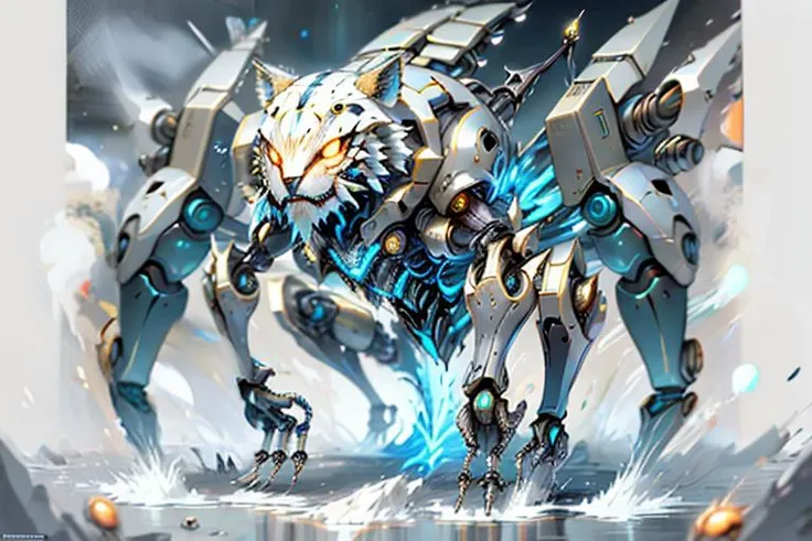 war zone background, gunfire, <lora: Mech4nim4lAI:.7> Mech4nim4lAI [white tiger:robot:0.55],  <lora:mecha_V2:0.7>