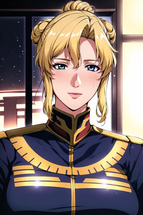 (Night:1.7), Japan, Tokyo, CityView, Before Window,
Standing at attention,
Blue_military_uniform,pantyhose, a uniform with gold trims and a collar,shirt,belt,
<lora:Jane_Contie_Gundam_Lost-KK77-V1:0.7>,
blonde hair,blue eyes,lipstick, Bangs,Hair_bun,
<lora:Oda_Non_Style-KK77-V2:0.3>,<lora:more_details:0.1>,
1 girl, 20yo,Young female,Beautiful Finger,Beautiful long legs,Beautiful body,Beautiful Nose,Beautiful character design, perfect eyes, perfect face,expressive eyes,perfect balance,
looking at viewer,(Focus on her face),closed mouth, (innocent_big_eyes:1.0),Light_Smile,
official art,extremely detailed CG unity 8k wallpaper, perfect lighting,Colorful, Bright_Front_face_Lighting,shiny skin,
(masterpiece:1.0),(best_quality:1.0), ultra high res,4K,ultra-detailed,
photography, 8K, HDR, highres, absurdres:1.2, Kodak portra 400, film grain, blurry background, bokeh:1.2, lens flare, (vibrant_color:1.2),professional photograph,
(Beautiful,large_Breasts:1.6), (beautiful_face:1.5),(narrow_waist),