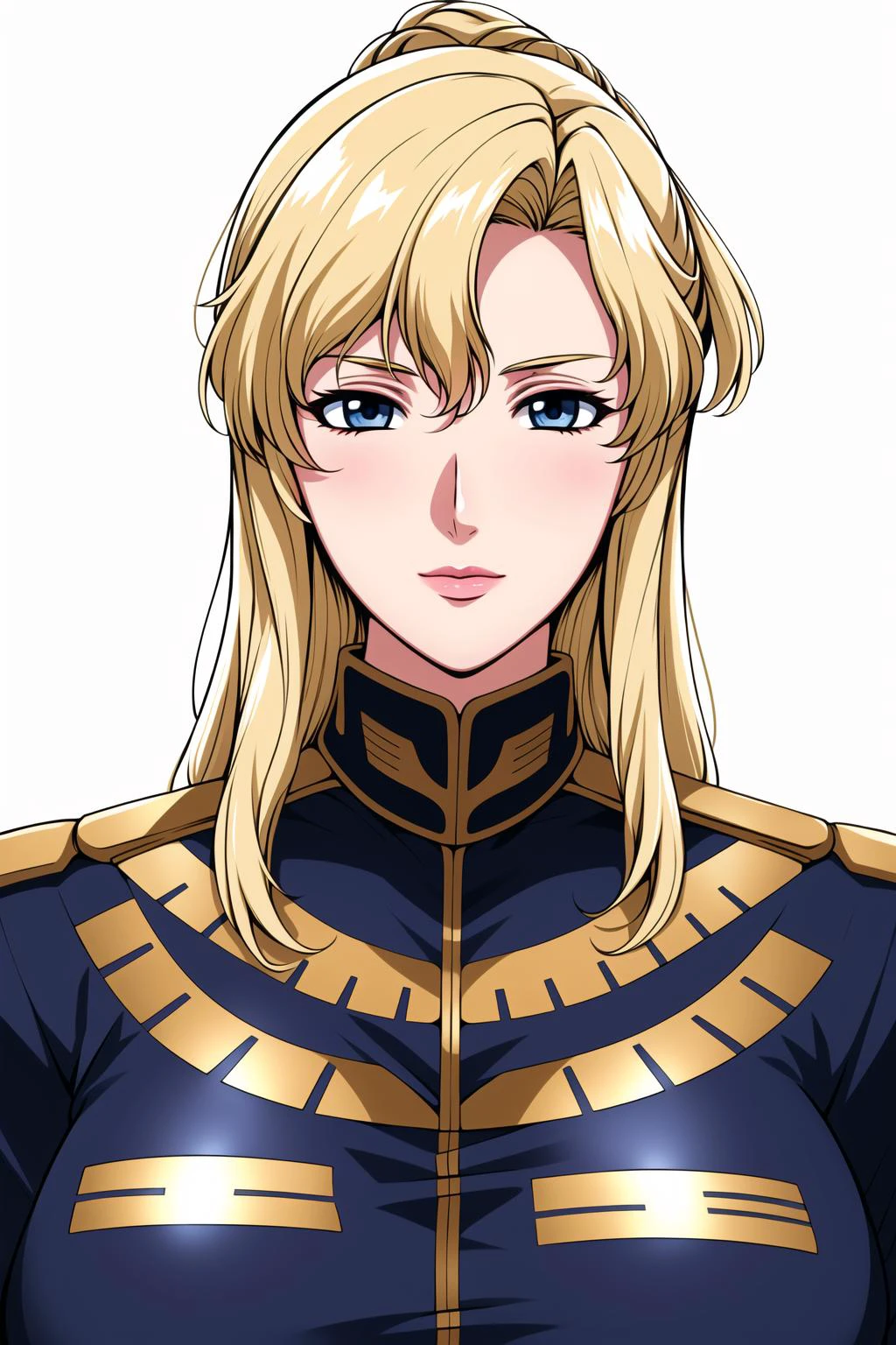 Simple White Background,
dynamic pose,standing at attention,
Blue_military_uniform,pantyhose, a uniform with gold trims and a collar,shirt,belt,
<lora:Jane_Contie_Gundam_Lost-KK77-V1:0.7>,
blonde hair,blue eyes,lipstick, Bangs,long hair,
<lora:Oda_Non_Style-KK77-V2:0.3>,<lora:more_details:0.1>,
1 girl, 20yo,Young female,Beautiful long legs,Beautiful body,
Beautiful Nose,Beautiful character design, perfect eyes, perfect face,expressive eyes,perfect balance,
looking at viewer,(Focus on her face),closed mouth, (innocent_big_eyes:1.0),(Light_Smile:0.3),
official art,extremely detailed CG unity 8k wallpaper, perfect lighting,Colorful, Bright_Front_face_Lighting,White skin,
(masterpiece:1.0),(best_quality:1.0), ultra high res,4K,ultra-detailed,
photography, 8K, HDR, highres, absurdres:1.2, Kodak portra 400, film grain, blurry background, bokeh:1.2, lens flare, (vibrant_color:1.2),professional photograph,
(Beautiful,large_Breasts:1.6), (beautiful_face:1.5),(narrow_waist),