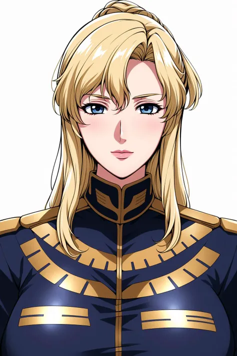 Simple White Background,
dynamic pose,standing at attention,
Blue_military_uniform,pantyhose, a uniform with gold trims and a collar,shirt,belt,
<lora:Jane_Contie_Gundam_Lost-KK77-V1:0.7>,
blonde hair,blue eyes,lipstick, Bangs,long hair, 
<lora:Oda_Non_Style-KK77-V2:0.3>,<lora:more_details:0.1>,
1 girl, 20yo,Young female,Beautiful long legs,Beautiful body,
Beautiful Nose,Beautiful character design, perfect eyes, perfect face,expressive eyes,perfect balance,
looking at viewer,(Focus on her face),closed mouth, (innocent_big_eyes:1.0),(Light_Smile:0.3),
official art,extremely detailed CG unity 8k wallpaper, perfect lighting,Colorful, Bright_Front_face_Lighting,White skin,
(masterpiece:1.0),(best_quality:1.0), ultra high res,4K,ultra-detailed,
photography, 8K, HDR, highres, absurdres:1.2, Kodak portra 400, film grain, blurry background, bokeh:1.2, lens flare, (vibrant_color:1.2),professional photograph,
(Beautiful,large_Breasts:1.6), (beautiful_face:1.5),(narrow_waist),