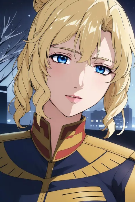 (Night:1.7), Japan, Tokyo, CityView, Before Window,
Standing at attention,
Blue_military_uniform,pantyhose, a uniform with gold trims and a collar,shirt,belt,
<lora:Jane_Contie_Gundam_Lost-KK77-V1:0.7>,
blonde hair,blue eyes,lipstick, Bangs,Hair_bun,
1 girl, 20yo,Young female,Beautiful Finger,Beautiful long legs,Beautiful body,Beautiful Nose,Beautiful character design, perfect eyes, perfect face,expressive eyes,
looking at viewer, in the center of the image,(Upper_body),(Focus on her face),
official art,extremely detailed CG unity 8k wallpaper, perfect lighting,Colorful, Bright_Front_face_Lighting,
(masterpiece:1.0),(best_quality:1.0), ultra high res,4K,ultra-detailed,
photography, 8K, HDR, highres, absurdres:1.2, Kodak portra 400, film grain, blurry background, bokeh:1.2, lens flare, (vibrant_color:1.2)
(Beautiful,large_Breasts:1.4), (beautiful_face:1.5),(narrow_waist),
