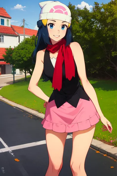 <lora:PKMN_Dawn_v1:1> pkmndawn, 1girl, blue eyes, blue hair, long hair, sidelocks, hairclip, beanie, black dress, sleeveless, pink skirt, scarf, smile, <lora:Feguimel [MockAi - v1.0]:0.8> feguimel, soft shading, realistic proportions,, absurdres, ultra detailed, masterpiece, best quality, aesthetic, detailed,