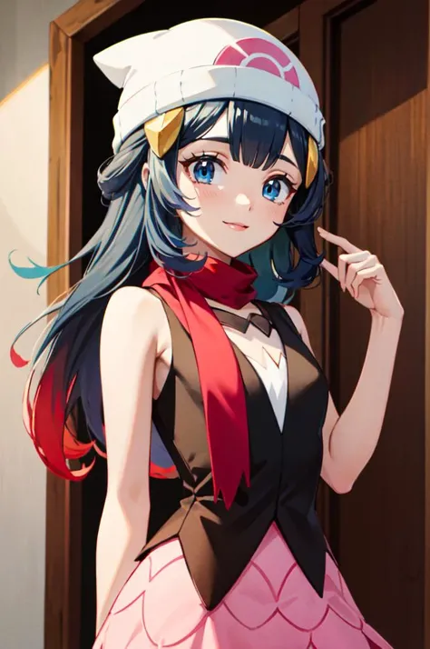 <lora:DipDyedHair:1.5> red IncursioDipDyedHair, smile, <lora:PKMN_Dawn_v1:0.8> pkmndawn, 1girl, blue eyes, blue hair, long hair, sidelocks, hairclip, beanie, black dress, sleeveless, pink skirt, scarf,, absurdres, ultra detailed, masterpiece, best quality, aesthetic, detailed,