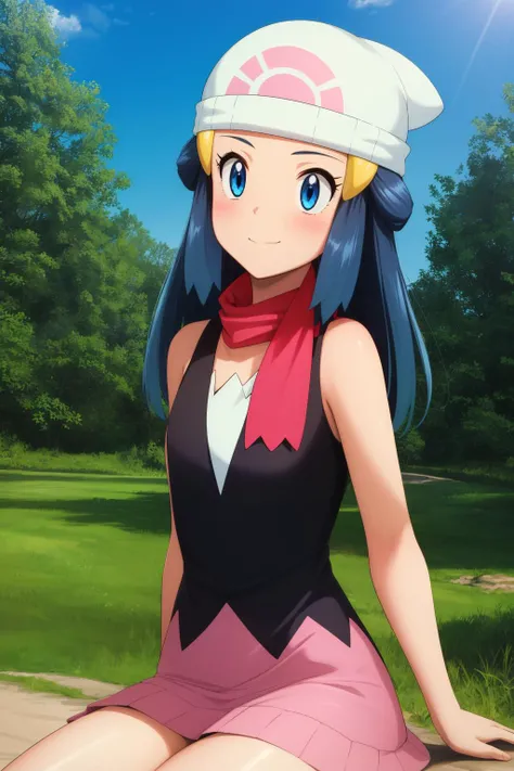 pkmndawn, 1girl, solo, blue eyes, blue hair, long hair, sidelocks, hairclip, beanie,
black dress, sleeveless, pink skirt, scarf,
naughty face,smile,closed mouth,cowboy shot,sitting,
forest,outdoor,
(insanely detailed, beautiful detailed face, masterpiece, best quality) cinematic lighting,<lora:PKMN_Dawn_v1:1>, <lora:more_details:0.3>,