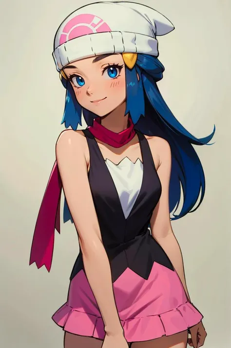 <lora:PKMN_Dawn_v1:1> pkmndawn, 1girl, blue eyes, blue hair, long hair, sidelocks, hairclip, beanie, black dress, sleeveless, pink skirt, scarf, smile,, absurdres, ultra detailed, masterpiece, best quality, aesthetic, detailed,