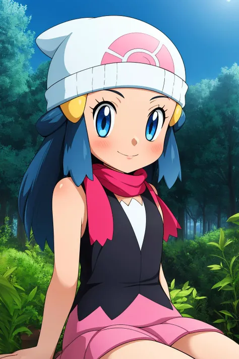 pkmndawn, 1girl, solo, blue eyes, blue hair, long hair, sidelocks, hairclip, beanie,
black dress, sleeveless, pink skirt, scarf,
naughty face,smile,closed mouth,cowboy shot,sitting,
forest,outdoor,
(insanely detailed, beautiful detailed face, masterpiece, best quality) cinematic lighting,<lora:PKMN_Dawn_v1:1>, <lora:more_details:0.3>,