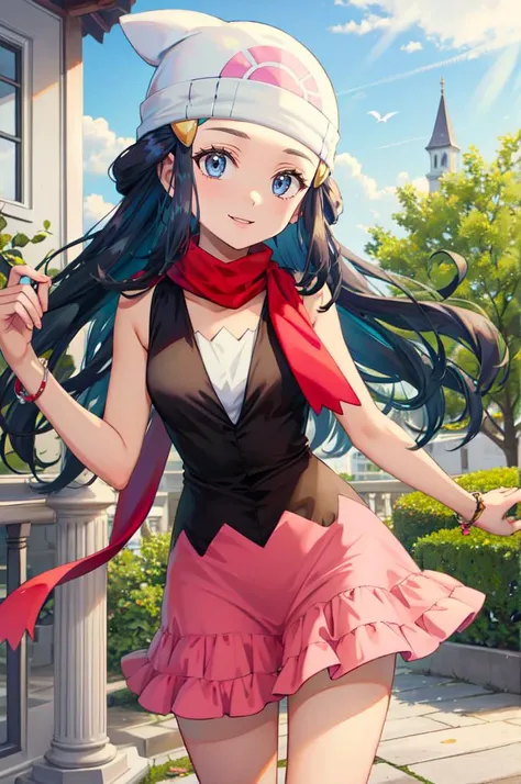 <lora:PKMN_Dawn_v1:1> pkmndawn, 1girl, blue eyes, blue hair, long hair, sidelocks, hairclip, beanie, black dress, sleeveless, pink skirt, scarf, smile,  <lora:TorinoV71:1>, absurdres, ultra detailed, masterpiece, best quality, aesthetic, detailed,