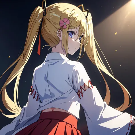 masterpiece, best quality, ultra-detailed, glistening shiny, glowing light, ray tracing, HDR, deph of field, , <lora:Mafuyukanojo:0.7>, 1girl, solo, mafuyukanojo, small breasts, blonde hair, blue eyes, twintails, flower hairpin, black hair ribbons, miko, from behind, red skirt, navel, looking at viewer,