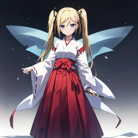 masterpiece, best quality, ultra-detailed, glistening shiny, glowing light, ray tracing, HDR, deph of field,(perfect face, detailed face) , 1girl, solo, <lora:Mafuyufirsttest:0.5>,Mafuyu, small breasts, blonde hair, blue eyes, twintails, closed mouth, flower hairpin, black hair ribbons, miko clothes, stitched sleeves, long skirt, standing, full body