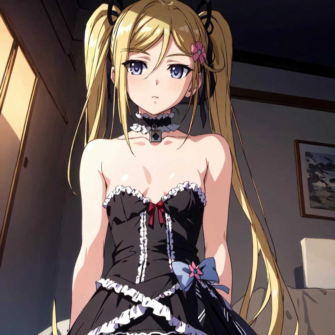 masterpiece, best quality, ultra-detailed, glistening shiny, glowing light, ray tracing, HDR, deph of field, (perfect face, detailed face), 1girl, solo, <lora:Mafuyufirsttest:0.7>, mafuyu, small breasts, blonde hair, blue eyes, twintails, flower hairpin, black hair ribbons, black choker, black dress, frills, striped thighhighs, standing, full body