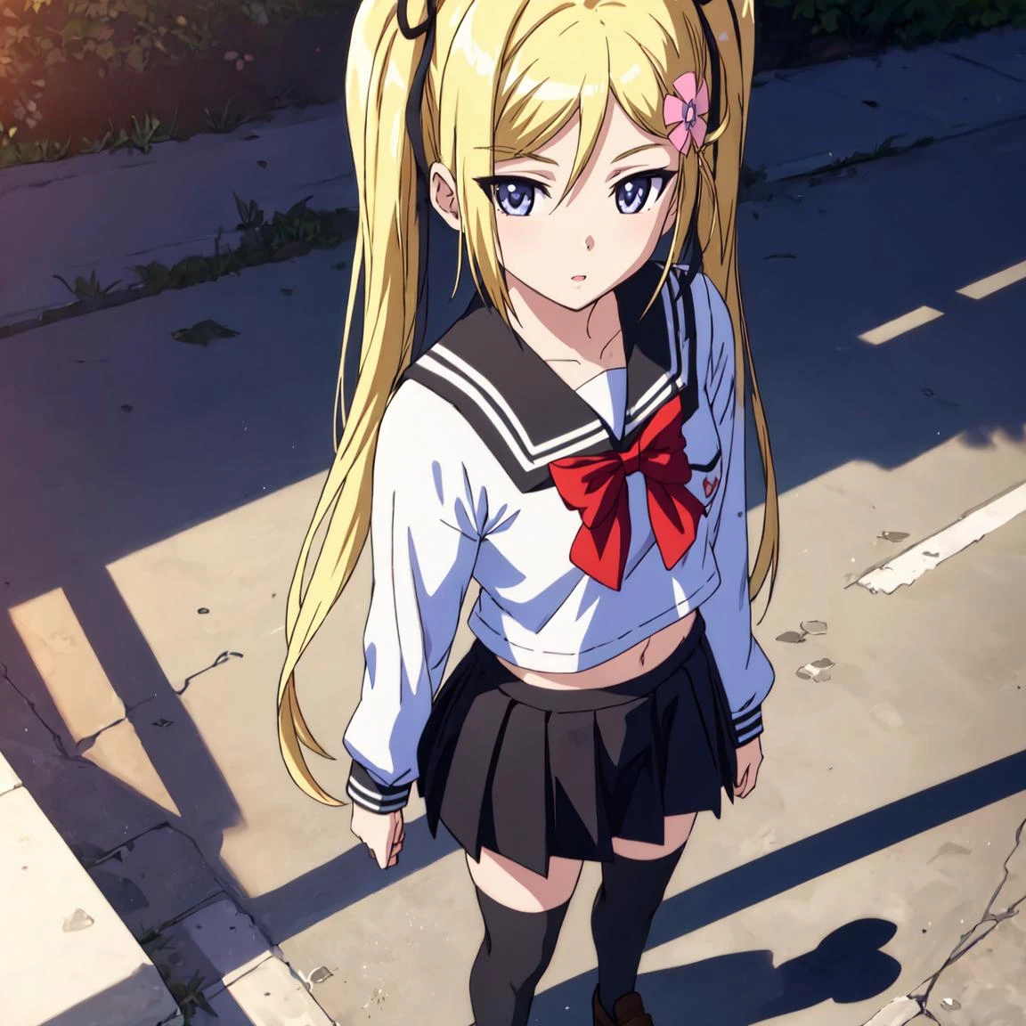 masterpiece, best quality, ultra-detailed, glistening shiny, glowing light, ray tracing, HDR, deph of field,(perfect face, detailed face) , 1girl, solo, <lora:Mafuyufirsttest:0.7>,Mafuyu, small breasts, blonde hair, blue eyes, twintails, flower hairpin, black hair ribbons, school uniform, serafuku, red bowtie, black skirt, white thighhighs, standing, full body, navel