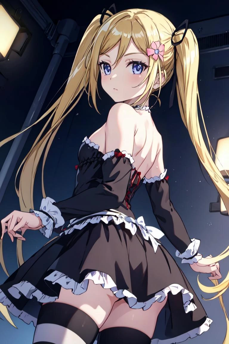 masterpiece, best quality, ultra-detailed, glistening shiny, glowing light, ray tracing, HDR, deph of field, <lora:Mafuyukanojo:0.6>, 1girl, solo, mafuyukanojo, small breasts, blonde hair, blue eyes, twintails, flower hairpin, black hair ribbons, black dress, frills, red bow, bare hands, strapless, striped thighhighs , from behind, looking at viewer