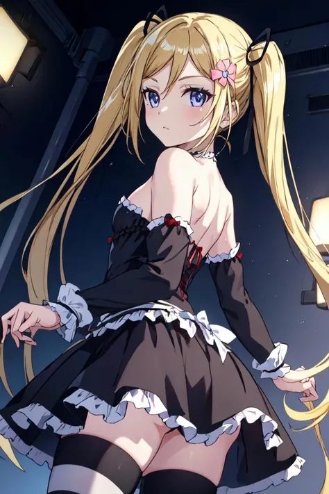 masterpiece, best quality, ultra-detailed, glistening shiny, glowing light, ray tracing, HDR, deph of field, <lora:Mafuyukanojo:0.6>, 1girl, solo, mafuyukanojo, small breasts, blonde hair, blue eyes, twintails, flower hairpin, black hair ribbons,  black dress, frills, red bow, bare hands, strapless, striped thighhighs , from behind, looking at viewer