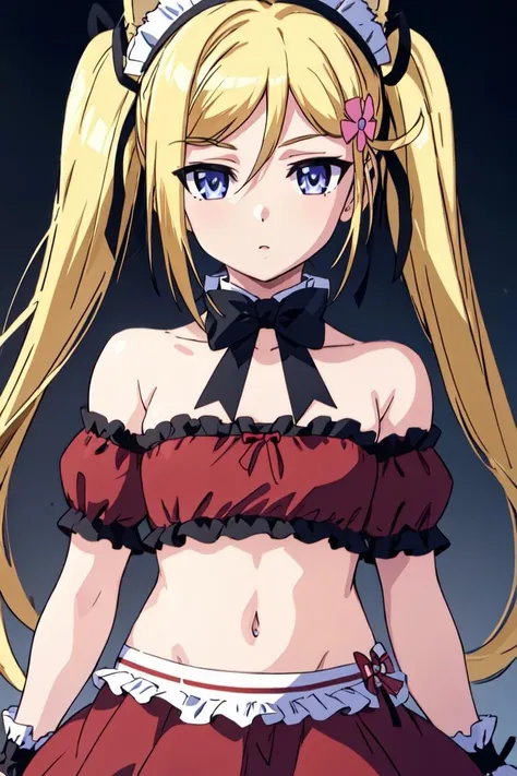 masterpiece, best quality, ultra-detailed, glistening shiny, glowing light, ray tracing, HDR, deph of field, <lora:Mafuyukanojo:0.7>, 1girl, solo, mafuyukanojo, small breasts, blonde hair, blue eyes, twintails, flower hairpin, black hair ribbons, red maid uniform, short skirt, black bowtie, crop top, strapless, bare shoulders, detached sleeves, wristband, navel,animal ears, black thighhighs, frills, from behind, looking at viewer, (perfect face, detailed face)