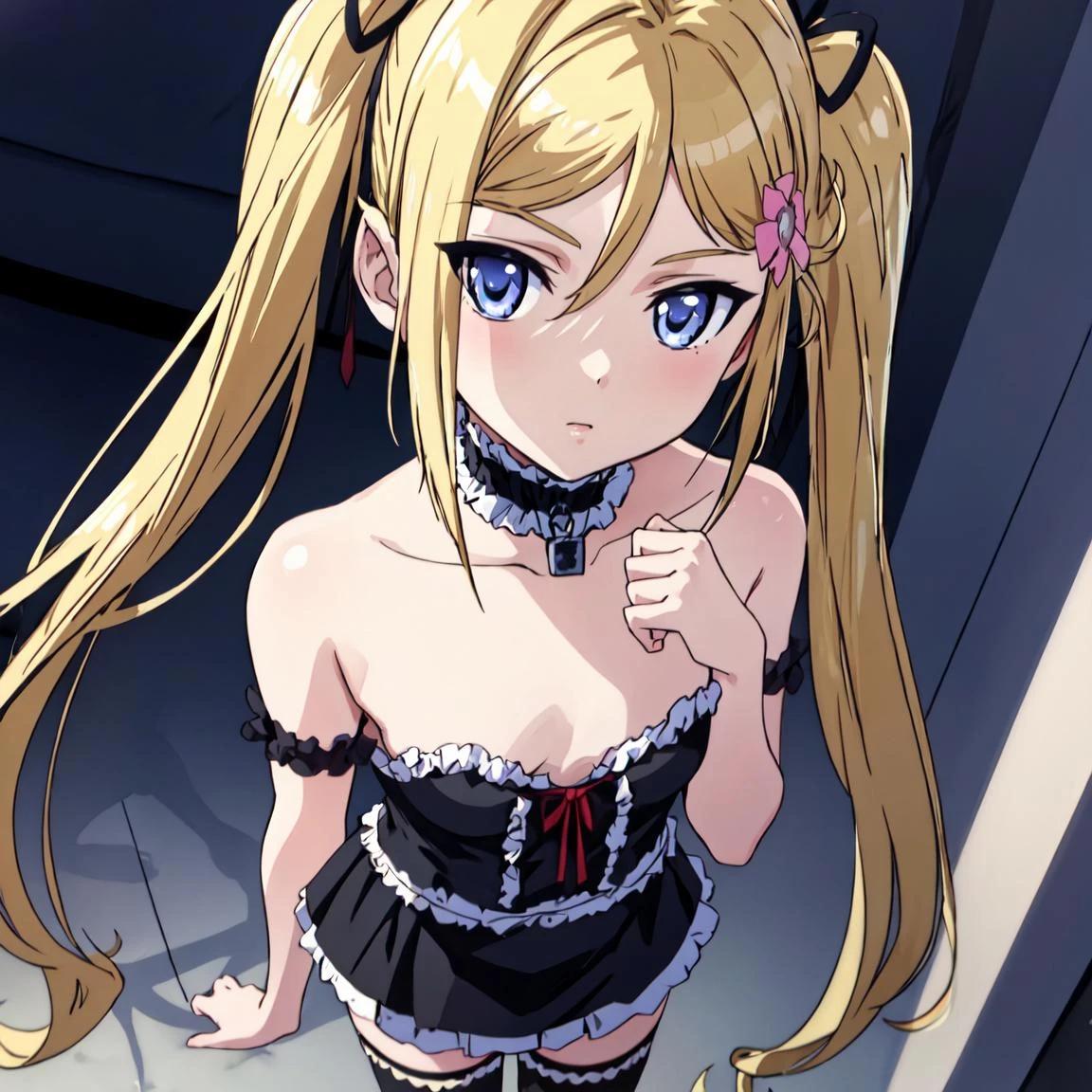 masterpiece, best quality, ultra-detailed, glistening shiny, glowing light, ray tracing, HDR, deph of field, (perfect face, detailed face), <lora:Mafuyukanojo:0.8>, mafuyukanojo, small breasts, blonde hair, blue eyes, twintails, flower hairpin, black hair ribbons, black choker, black dress, frills, red bow, strapless, striped thighhighs, thighs, standing,