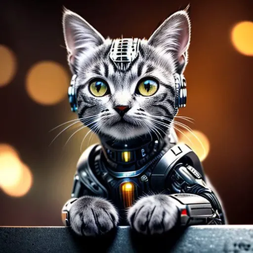 a cute kitten made out of metal, (((cyborg:1.1))), (intricate details), hdr, (intricate details, hyperdetailed:1.2), cinematic shot, vignette, centered, look up, portrait
