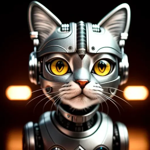 a cute kitten made out of metal, (((cyborg:1.1))), (intricate details), hdr, (intricate details, hyperdetailed:1.2), cinematic shot, vignette, centered, look left, portrait , high resolution, 4k, normal lighting