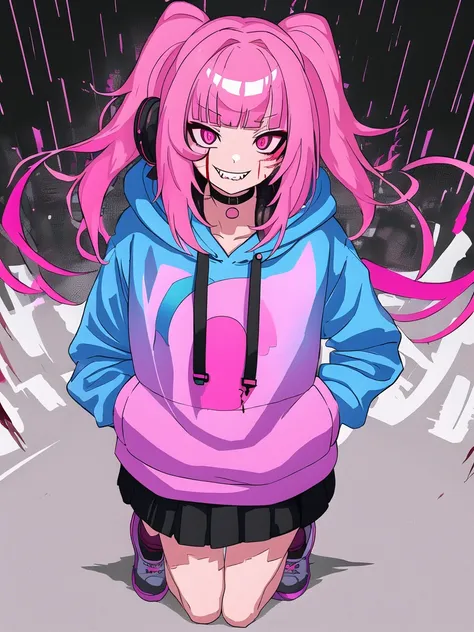 masterpiece,1girl,solo,incredibly absurdres,hoodie,headphones, street,outdoors,rain,neon lights,asymmetrical bangs, (eye shadow),solo focus, hands in pockets,looking at viewer, from above, full body, gradient hair,pink theme, evil grin, fangs, glowing eyes,bags under eyes,((blood on face)),