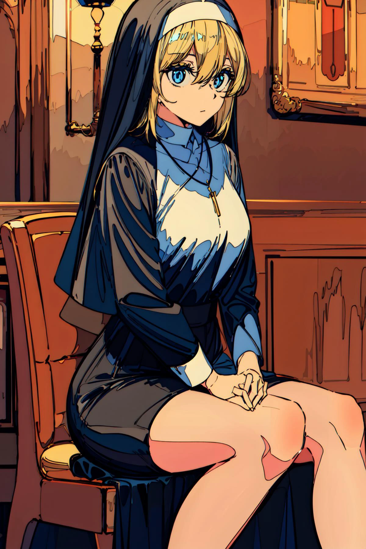 (best quality, masterpiece), highly detailed, <lora:add_detail:0.6>, necklace, large breasts, nun, blonde hair, hair between eyes, own hands together, sitting
