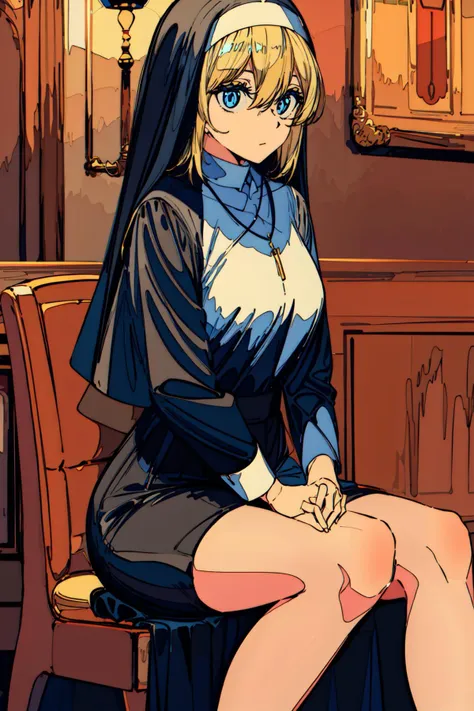 (best quality, masterpiece), highly detailed,  <lora:add_detail:0.6>, necklace, large breasts, nun, blonde hair, hair between eyes, own hands together,  sitting