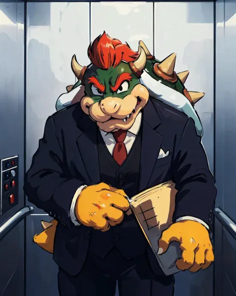 Bowser, Bowser (Mario Series), business suit,  elevator, masterpiece, <lyco:bowserMarioSeries_v1:1>