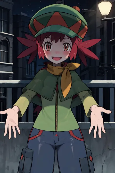masterpiece, best quality, looking at viewer, facing viewer, nice hands, perfect hands, <lora:PokemonV2:1> <lora:GoodHands-vanilla:1>, generation 9, 1girl, solo, (night:1.3), low key, <lora:LowRA:0.7>, excited, blush, balcony, penthouse, wide windows, city, smile, happy, <lora:Mairin:0.7> mairin_(pokemon), shirt, long sleeves, hat, pants, yellow shirt, green headwear, green pants, short hair, capelet