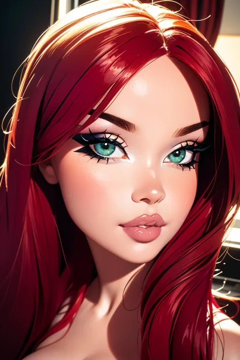 realistic, best quality, (masterpiece:1.2), absurdres, (1girl, solo), fashion photography of bratz, <lora:bratz3-01:0.6>, lips, large breasts, beautiful, makeup, mascara, lip gloss, <lora:3g1rlmak3up:0.8> 3g1rlmak3up, eyeliner, a beautiful woman, ginger hair, green eyes, half body portrait, extremely luminous bright design, neon lights, in her room, gamer girl room, egirl, looking at viewer