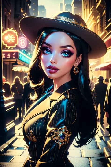 ((best quality)), ((masterpiece)), (intricate details, hyperdetailed:1.15), 35mm, bokeh, (perfect face, highest detailed face), (cowboy shot, mid-angle shot), fashion photography of bratz, <lora:bratz3-01:0.6>, lips, large breasts, beautiful, makeup, mascara, lip gloss, perfect eyes, long eyelashes, long hair, wearing a pinstripe suit, 50's style fashion, hat, looking at viewer, 8k, shiny, glow, (bloom), beautiful girl, photoshoot, in a dark city street, neon lights, bubblegumnoirstyle, <lora:bubblegum-noir-style-darquelilly-v1:1>