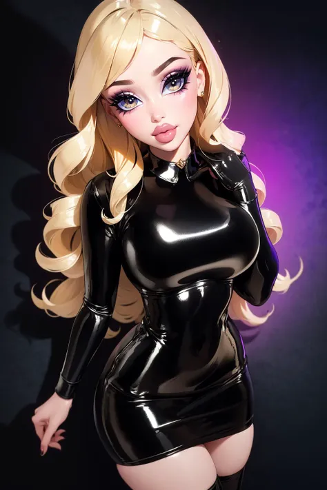 ((best quality)), ((masterpiece)), (intricate details, hyperdetailed:1.15), 35mm, bokeh, (perfect face, highest detailed face), (cowboy shot, mid-angle shot), fashion photography of (DV_Mercedes_Vicious:1.2), bratz, <lora:bratz3-01:0.5>, lips, large breasts, beautiful, makeup, mascara, lip gloss, perfect hazel eyes, long eyelashes, long curly blonde hair, modeling latx_1, symmetrical black shiny latex dress, white trim, collar, thigh high stockings, high heels, makeup, lipstick, false eyelashes, <lora:latx_1:0.8>, looking at viewer, 8k, shiny, glow, (bloom), beautiful girl, photoshoot, at a fashion show, catwalk, spotlight