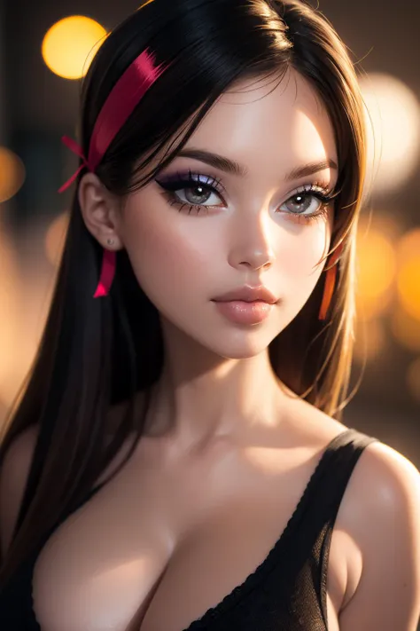 realistic, best quality, (masterpiece:1.2), absurdres, (1girl, solo), watercolor, fashion photography of bratz, <lora:bratz3-01:0.6>, lips, large breasts, beautiful, makeup, mascara, lip gloss, a beautiful woman, shoulder, hair ribbons, half body portrait, extremely luminous bright design, autumn lights, looking at viewer