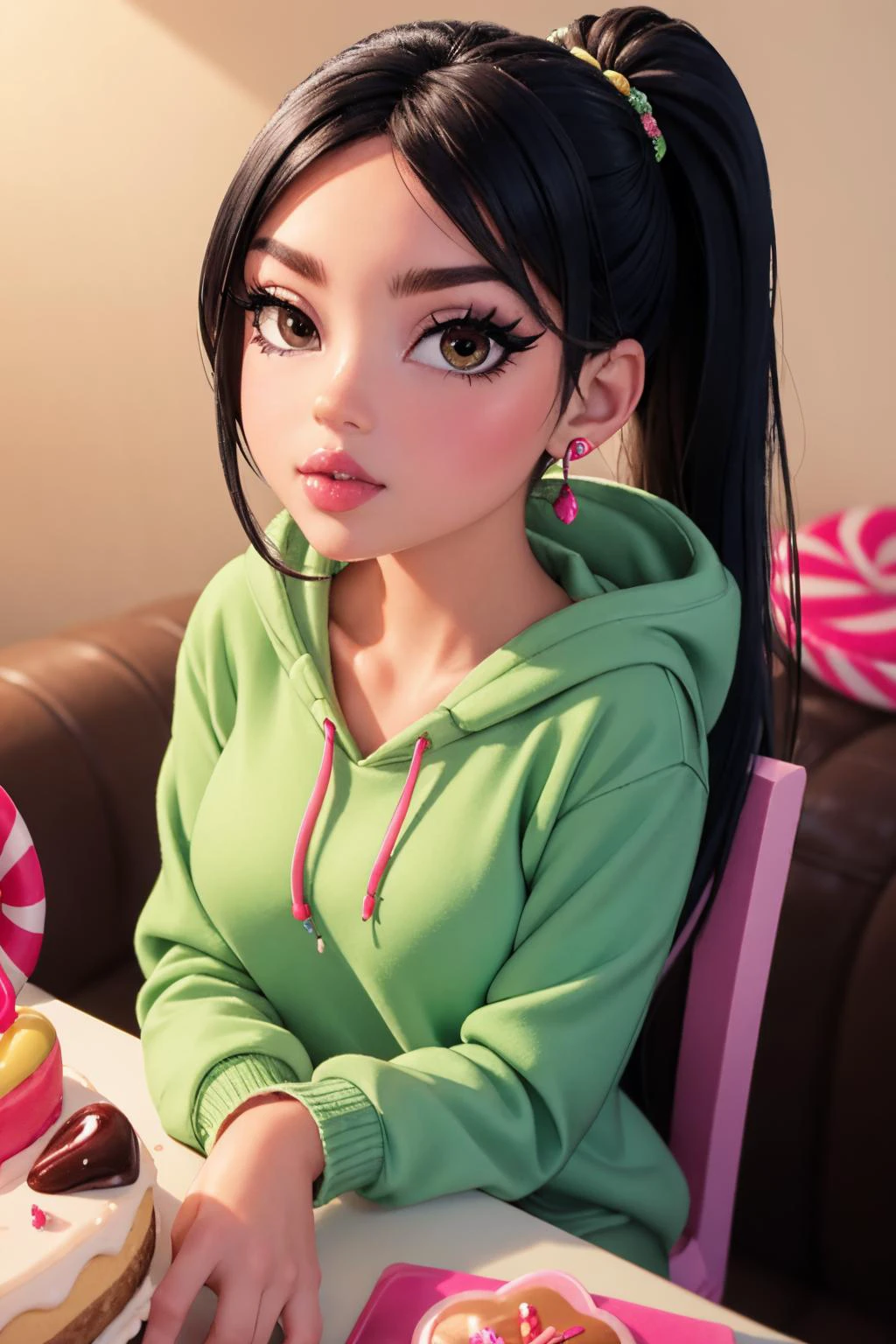 realistic, best quality, (masterpiece:1.2), absurdres, (1girl, solo), fashion photography of VanellopeVon, <lora:VanellopeVonSchweetz:0.5>, bratz, <lora:bratz3-01:0.5>, lips, large breasts, beautiful, makeup, mascara, lip gloss, a beautiful woman wearing a green hoodie, ponytail hair, light brown eyes, half body portrait, extremely luminous bright design, candyland picnic, candy, dessert, sweets, cake, chocolate, looking at viewer
