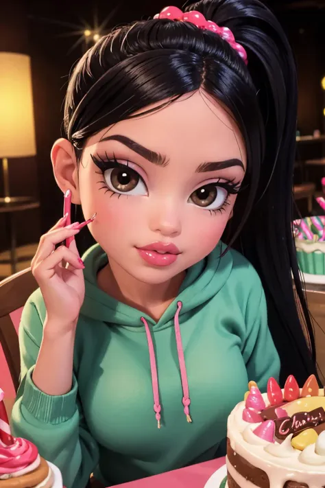 realistic, best quality, (masterpiece:1.2), absurdres, (1girl, solo), fashion photography of VanellopeVon, <lora:VanellopeVonSchweetz:0.5>, bratz, <lora:bratz3-01:0.5>, lips, large breasts, beautiful, makeup, mascara, lip gloss, a beautiful woman wearing a green hoodie, ponytail hair, light brown eyes, half body portrait, extremely luminous bright design, candyland picnic, candy, dessert, sweets, cake, chocolate, looking at viewer