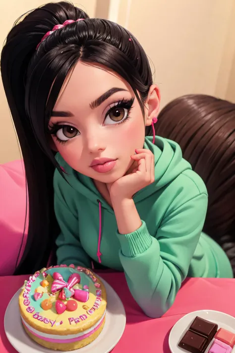 realistic, best quality, (masterpiece:1.2), absurdres, (1girl, solo), fashion photography of VanellopeVon, <lora:VanellopeVonSchweetz:0.5>, bratz, <lora:bratz3-01:0.5>, lips, large breasts, beautiful, makeup, mascara, lip gloss, a beautiful woman wearing a green hoodie, ponytail hair, light brown eyes, half body portrait, extremely luminous bright design, candyland picnic, candy, dessert, sweets, cake, chocolate, looking at viewer